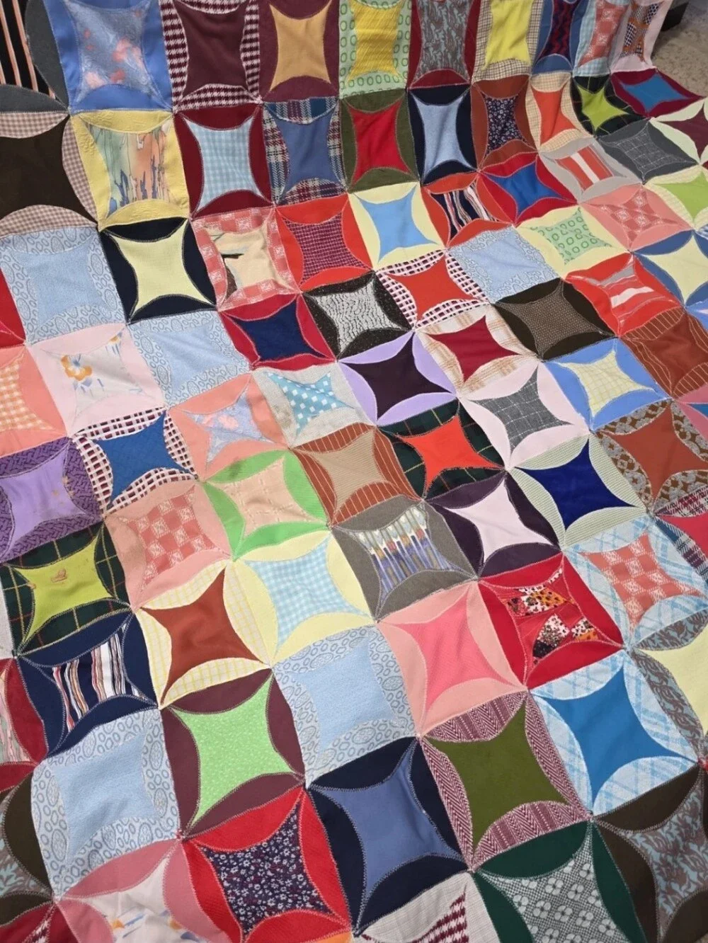 Vintage Handmade Cathedral Windows Reversible Patchwork Quilt